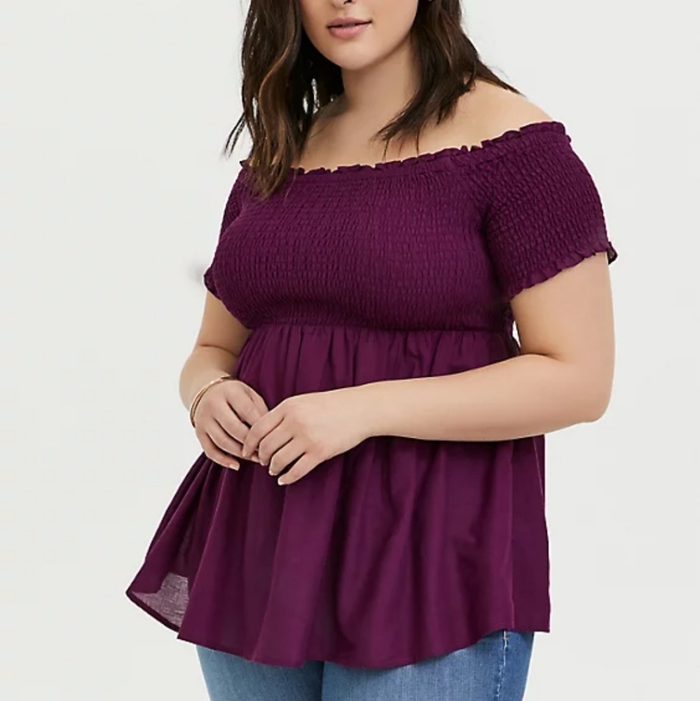 Torrid 00 plum off shoulder smocked top